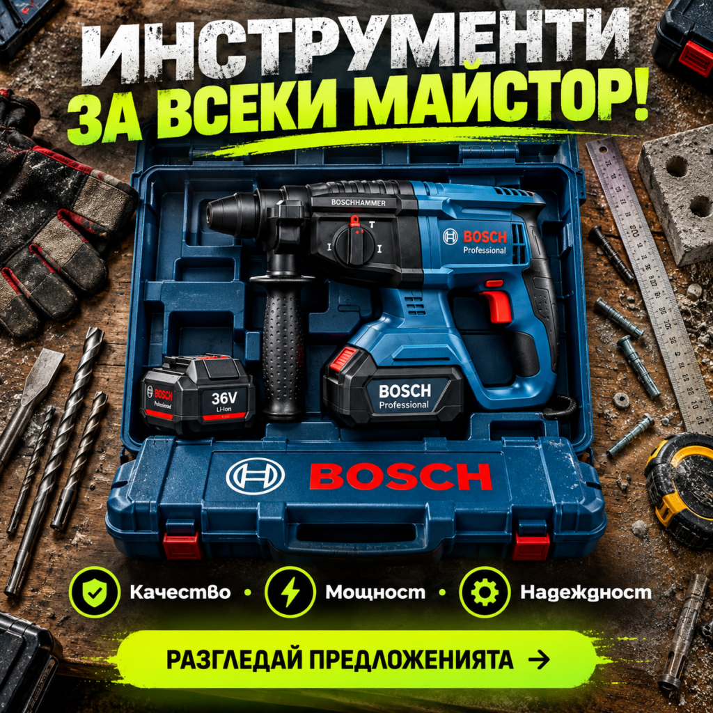 Акумулаторен Перфоратор BOSCH Professional | Безчетков | 2x Батерии 36V