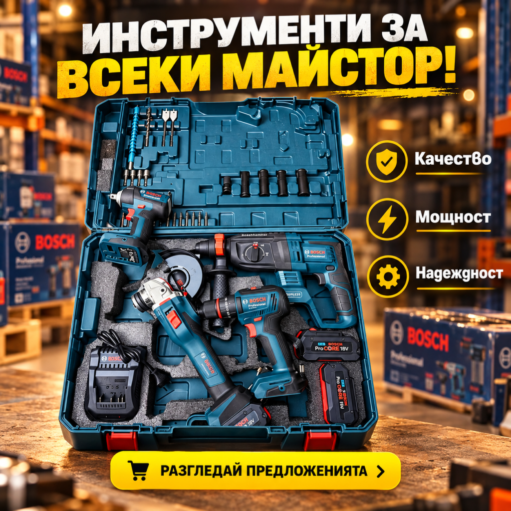 Комплект професионални инструменти Перфоратор Гайковерт Ъглошлайф Винтоверт BOSCH 18V ProCORE